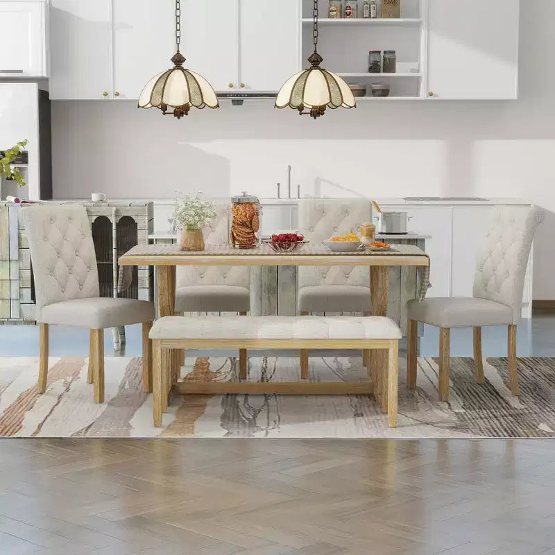 Farmhouse Dining Set for 4, Rectangular Kitchen Table Set with 4 Upholstered Chairs and Bench