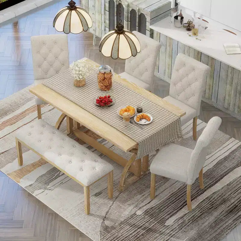 Farmhouse Dining Set for 4, Rectangular Kitchen Table Set with 4 Upholstered Chairs and Bench