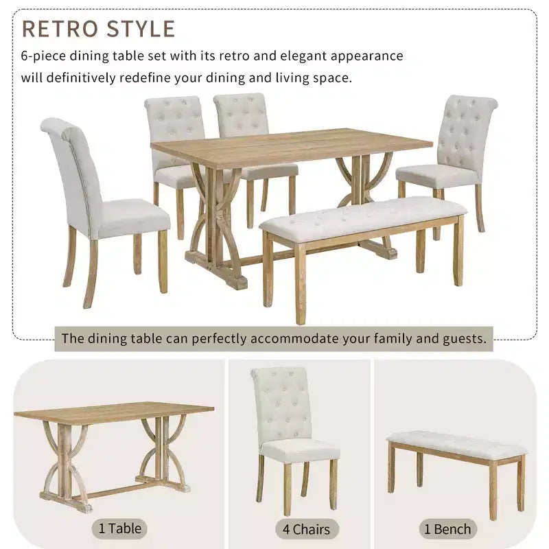 Farmhouse Dining Set for 4, Rectangular Kitchen Table Set with 4 Upholstered Chairs and Bench