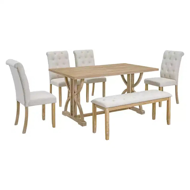 Farmhouse Dining Set for 4, Rectangular Kitchen Table Set with 4 Upholstered Chairs and Bench