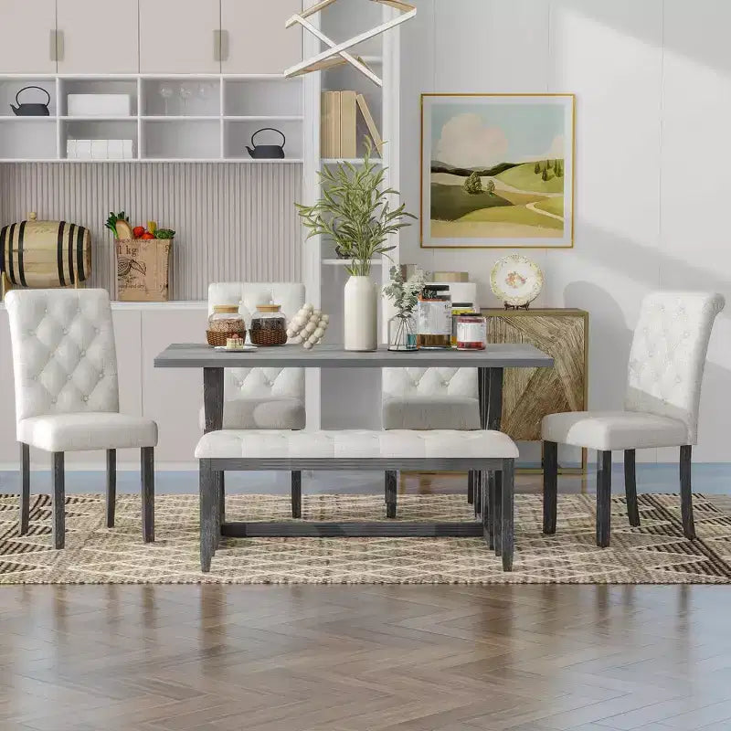 Farmhouse Dining Set for 4, Rectangular Kitchen Table Set with 4 Upholstered Chairs and Bench