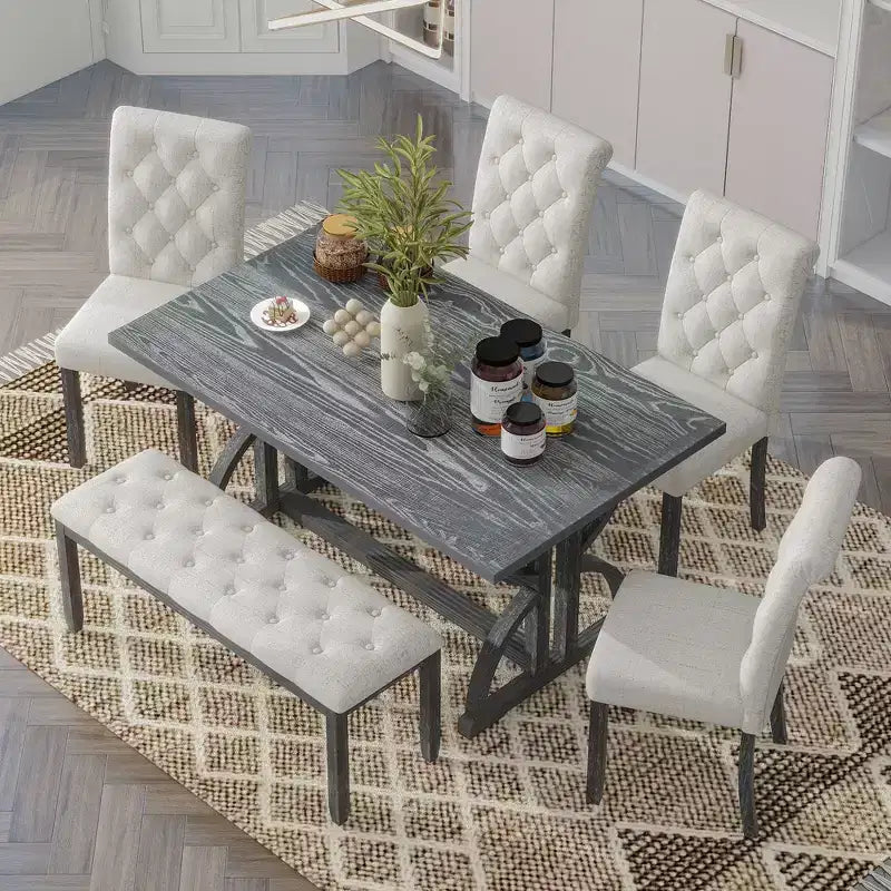 Farmhouse Dining Set for 4, Rectangular Kitchen Table Set with 4 Upholstered Chairs and Bench