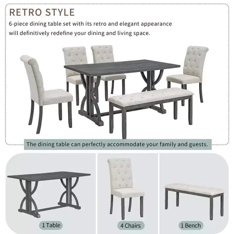 Farmhouse Dining Set for 4, Rectangular Kitchen Table Set with 4 Upholstered Chairs and Bench