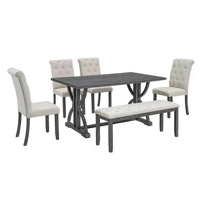 Farmhouse Dining Set for 4, Rectangular Kitchen Table Set with 4 Upholstered Chairs and Bench