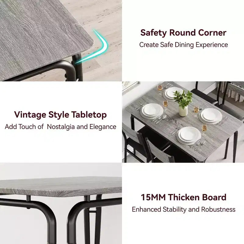 Dining Table Set for 4 with Rectangular Wood Top and Cushioned Chairs, 5 Piece Kitchen & Dining Room Sets for Small Space, Apartment