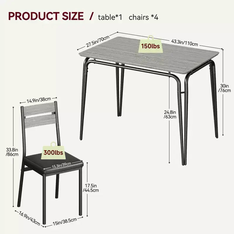 Dining Table Set for 4 with Rectangular Wood Top and Cushioned Chairs, 5 Piece Kitchen & Dining Room Sets for Small Space, Apartment