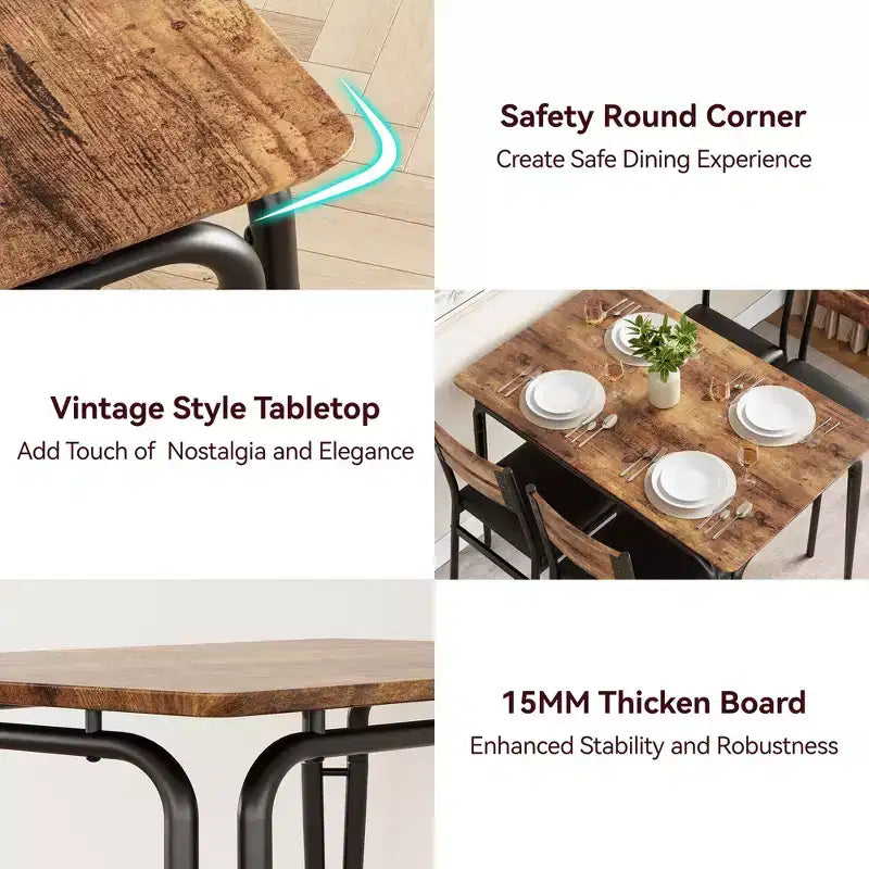 Dining Table Set for 4 with Rectangular Wood Top and Cushioned Chairs, 5 Piece Kitchen & Dining Room Sets for Small Space, Apartment