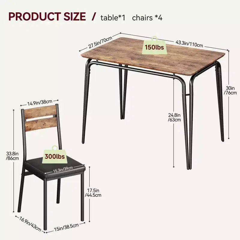 Dining Table Set for 4 with Rectangular Wood Top and Cushioned Chairs, 5 Piece Kitchen & Dining Room Sets for Small Space, Apartment