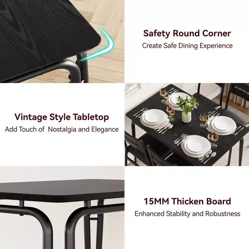 Dining Table Set for 4 with Rectangular Wood Top and Cushioned Chairs, 5 Piece Kitchen & Dining Room Sets for Small Space, Apartment