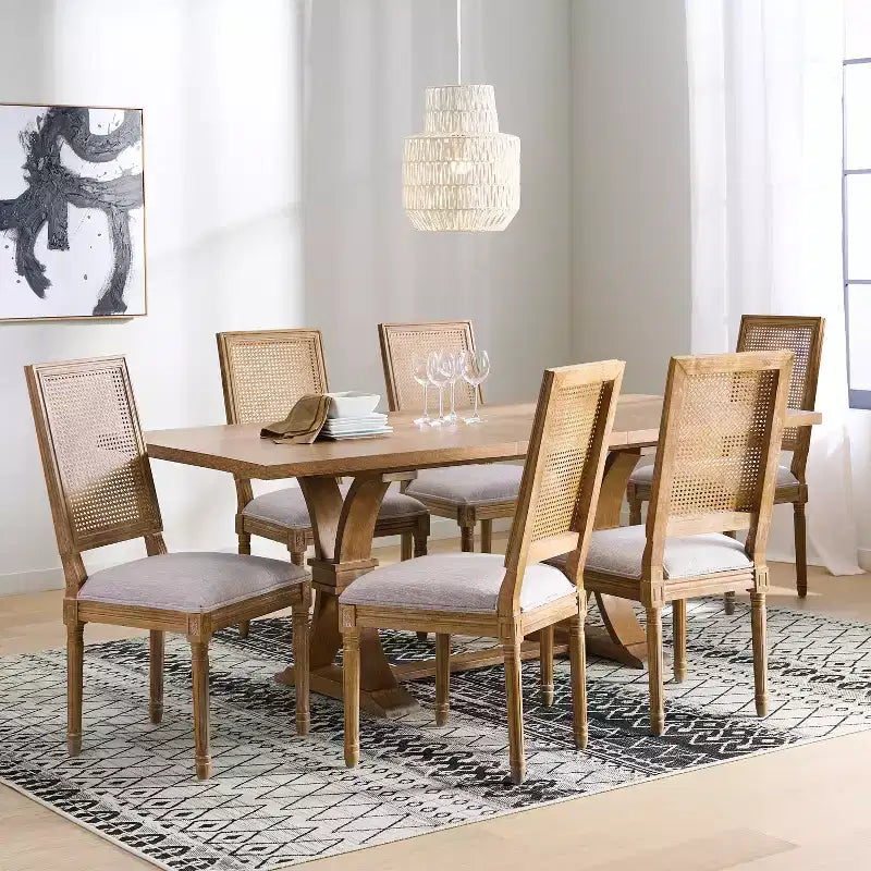 Ensemble de salle à manger extensible 7 pièces Christopher Knight Home Pampas en bois, cannage et tissu de style campagnard français