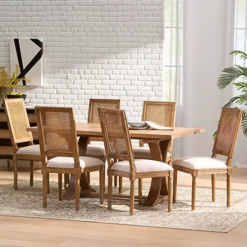 Ensemble de salle à manger extensible 7 pièces Christopher Knight Home Pampas en bois, cannage et tissu de style campagnard français