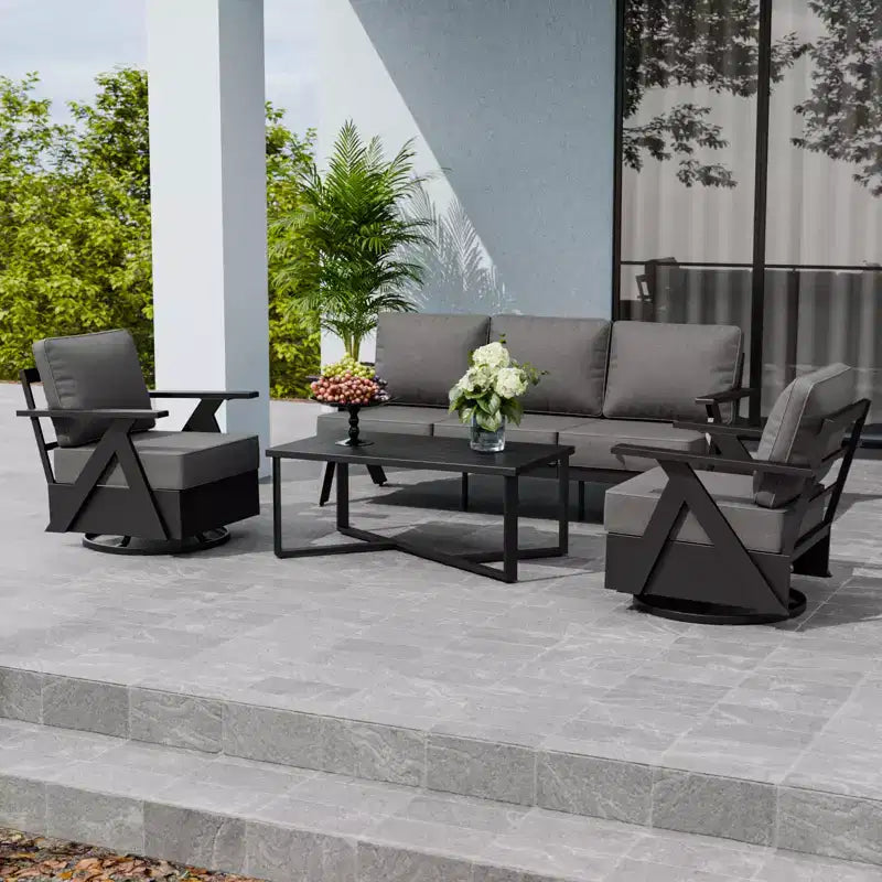 EAGLE PEAK Urban Slate 4 Piece Modern Outdoor Patio Furniture Set, Couch, Swivel Rocking Chairs, and Coffee Table