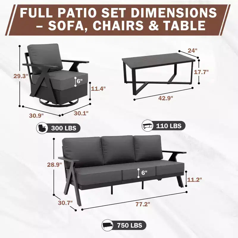 EAGLE PEAK Urban Slate 4 Piece Modern Outdoor Patio Furniture Set, Couch, Swivel Rocking Chairs, and Coffee Table