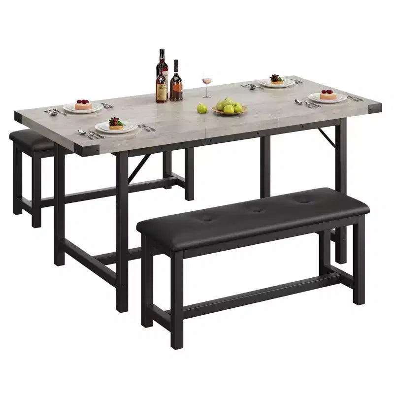 Dining Table Set for 4-6,63 Extendable Kitchen Table & Bench,Metal Frame Rectangle Table Set with 2 Upholstered Benches for Dining Room,Apartment