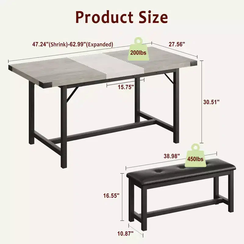 Dining Table Set for 4-6,63 Extendable Kitchen Table & Bench,Metal Frame Rectangle Table Set with 2 Upholstered Benches for Dining Room,Apartment