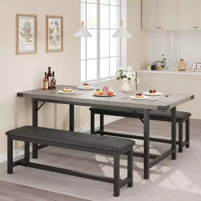 Dining Table Set for 4-6,63 Extendable Kitchen Table & Bench,Metal Frame Rectangle Table Set with 2 Upholstered Benches for Dining Room,Apartment