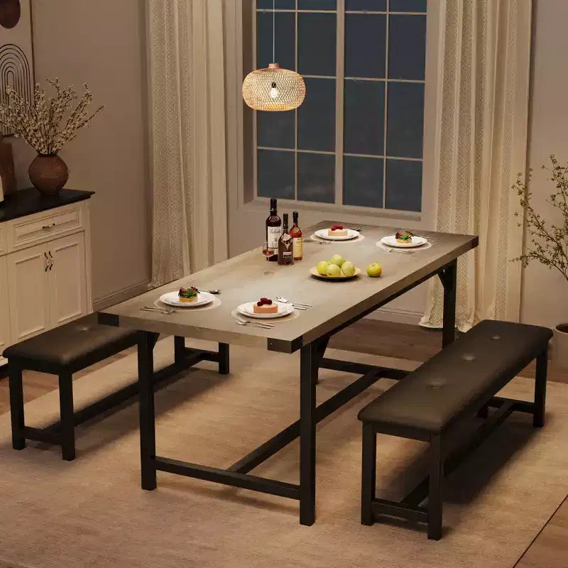 Dining Table Set for 4-6,63 Extendable Kitchen Table & Bench,Metal Frame Rectangle Table Set with 2 Upholstered Benches for Dining Room,Apartment