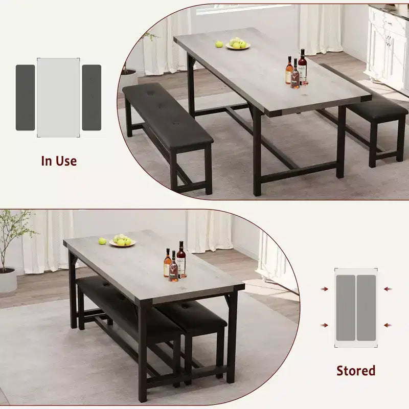 Dining Table Set for 4-6,63 Extendable Kitchen Table & Bench,Metal Frame Rectangle Table Set with 2 Upholstered Benches for Dining Room,Apartment