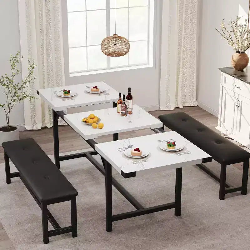 Dining Table Set for 4-6,63 Extendable Kitchen Table & Bench,Metal Frame Rectangle Table Set with 2 Upholstered Benches for Dining Room,Apartment