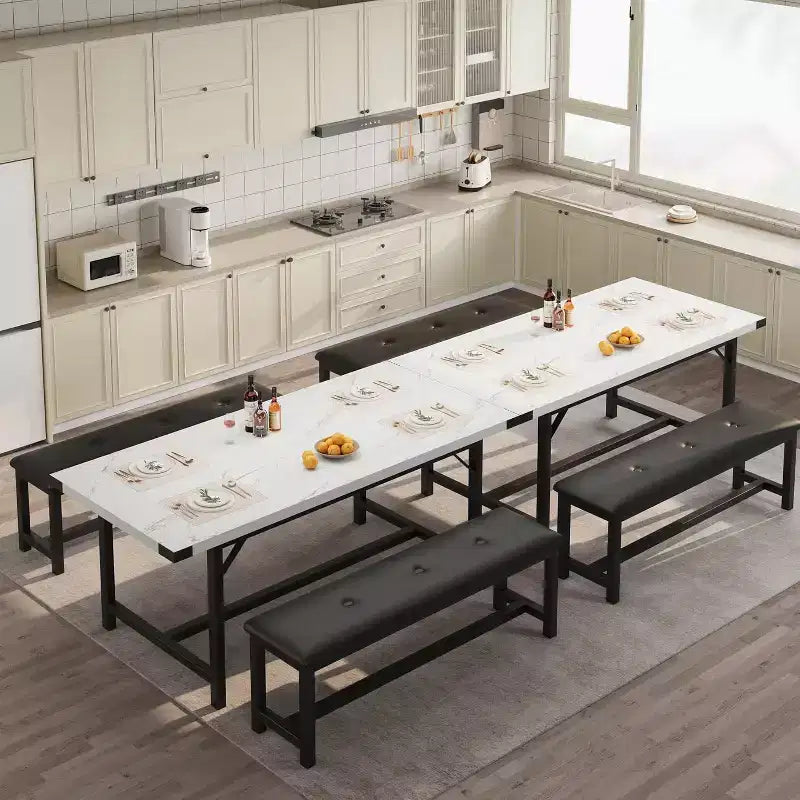 Dining Table Set for 4-6,63 Extendable Kitchen Table & Bench,Metal Frame Rectangle Table Set with 2 Upholstered Benches for Dining Room,Apartment