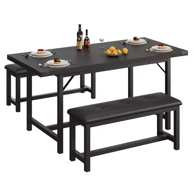 Dining Table Set for 4-6,63 Extendable Kitchen Table & Bench,Metal Frame Rectangle Table Set with 2 Upholstered Benches for Dining Room,Apartment