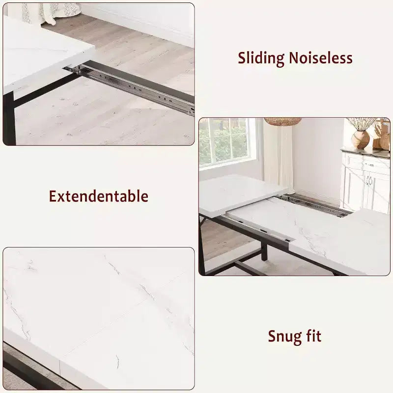 Dining Table Set for 4-6,63 Extendable Kitchen Table & Bench,Metal Frame Rectangle Table Set with 2 Upholstered Benches for Dining Room,Apartment