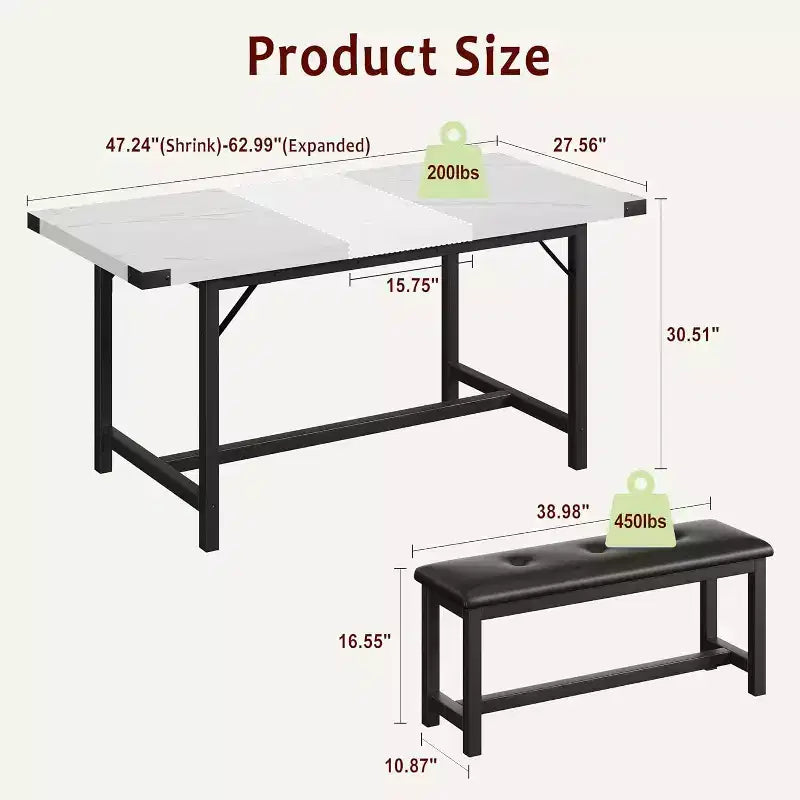 Dining Table Set for 4-6,63 Extendable Kitchen Table & Bench,Metal Frame Rectangle Table Set with 2 Upholstered Benches for Dining Room,Apartment