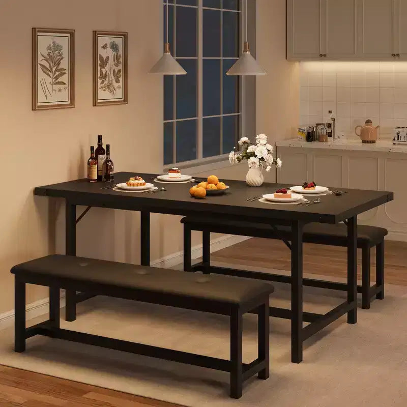 Dining Table Set for 4-6,63 Extendable Kitchen Table & Bench,Metal Frame Rectangle Table Set with 2 Upholstered Benches for Dining Room,Apartment