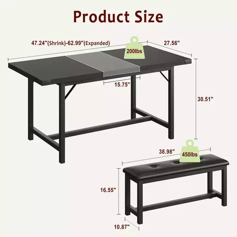 Dining Table Set for 4-6,63 Extendable Kitchen Table & Bench,Metal Frame Rectangle Table Set with 2 Upholstered Benches for Dining Room,Apartment