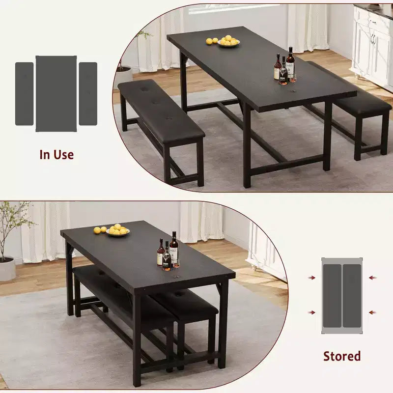 Dining Table Set for 4-6,63 Extendable Kitchen Table & Bench,Metal Frame Rectangle Table Set with 2 Upholstered Benches for Dining Room,Apartment