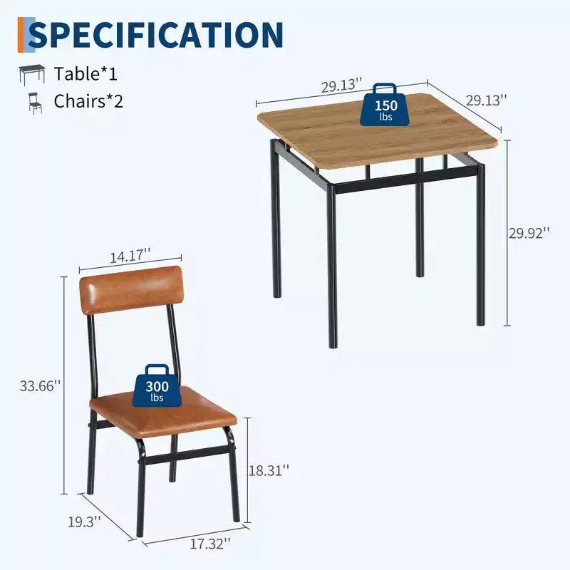 Ensemble table de salle à manger pour 2, ensemble de 3 pièces en bois, 2 chaises rembourrées en PU, cadre en métal moderne pour salle à manger, dîner à la maison, fête, appartement