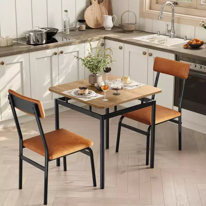 Ensemble table de salle à manger pour 2, ensemble de 3 pièces en bois, 2 chaises rembourrées en PU, cadre en métal moderne pour salle à manger, dîner à la maison, fête, appartement