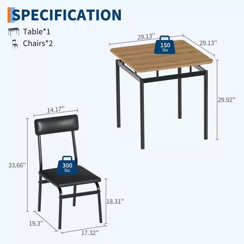 Ensemble table de salle à manger pour 2, ensemble de 3 pièces en bois, 2 chaises rembourrées en PU, cadre en métal moderne pour salle à manger, dîner à la maison, fête, appartement