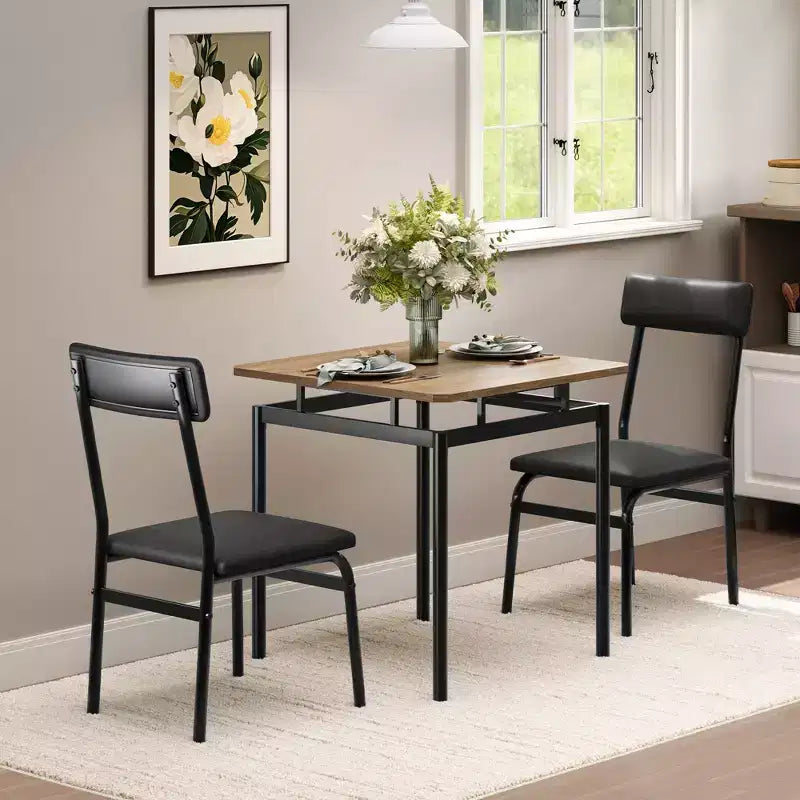 Ensemble table de salle à manger pour 2, ensemble de 3 pièces en bois, 2 chaises rembourrées en PU, cadre en métal moderne pour salle à manger, dîner à la maison, fête, appartement