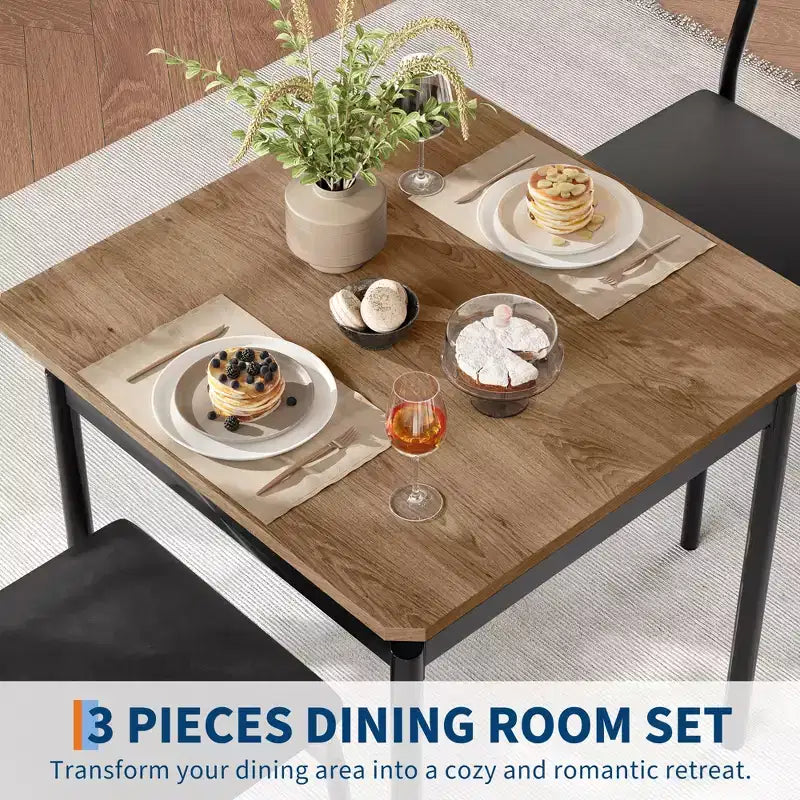 Ensemble table de salle à manger pour 2, ensemble de 3 pièces en bois, 2 chaises rembourrées en PU, cadre en métal moderne pour salle à manger, dîner à la maison, fête, appartement