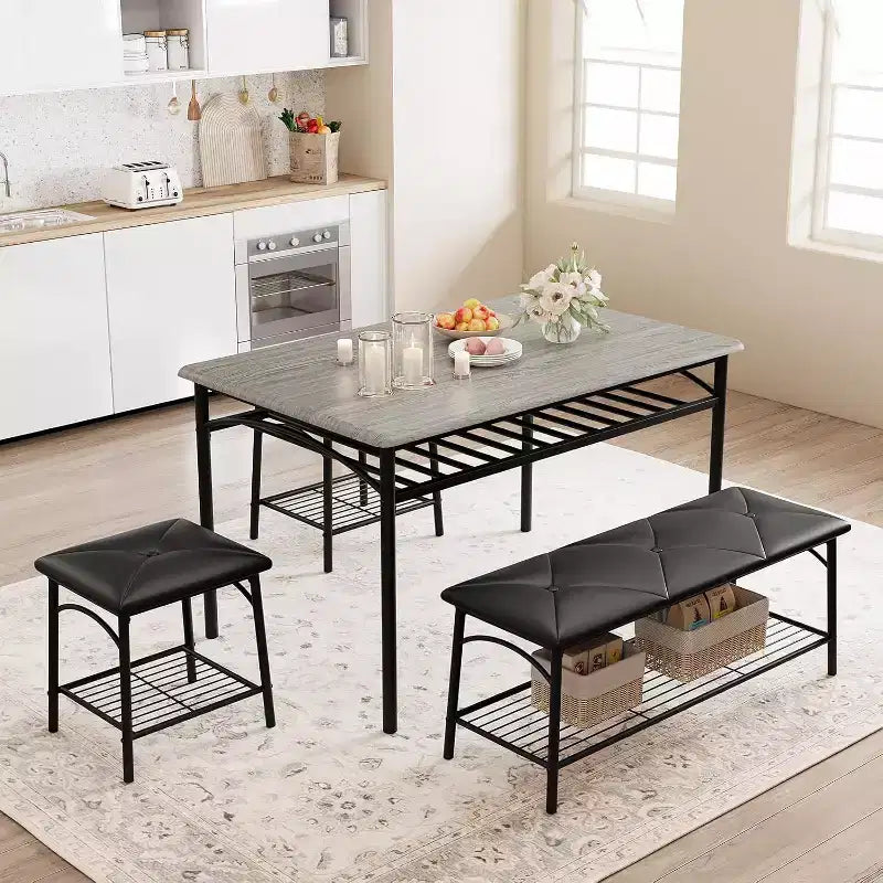 Dining Table Set for 4 with Storage Rack, Kitchen Table w/Upholstered Bench & 2 Chairs, Kitchen Table & Chairs Set for Small Space, Apartment