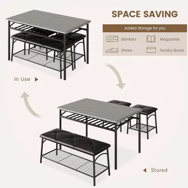 Dining Table Set for 4 with Storage Rack, Kitchen Table w/Upholstered Bench & 2 Chairs, Kitchen Table & Chairs Set for Small Space, Apartment