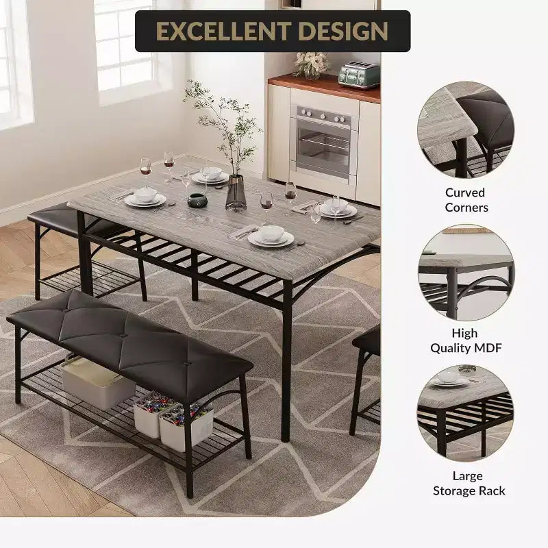 Dining Table Set for 4 with Storage Rack, Kitchen Table w/Upholstered Bench & 2 Chairs, Kitchen Table & Chairs Set for Small Space, Apartment