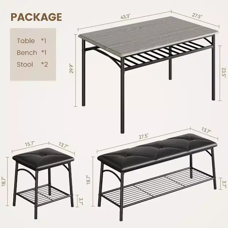 Dining Table Set for 4 with Storage Rack, Kitchen Table w/Upholstered Bench & 2 Chairs, Kitchen Table & Chairs Set for Small Space, Apartment