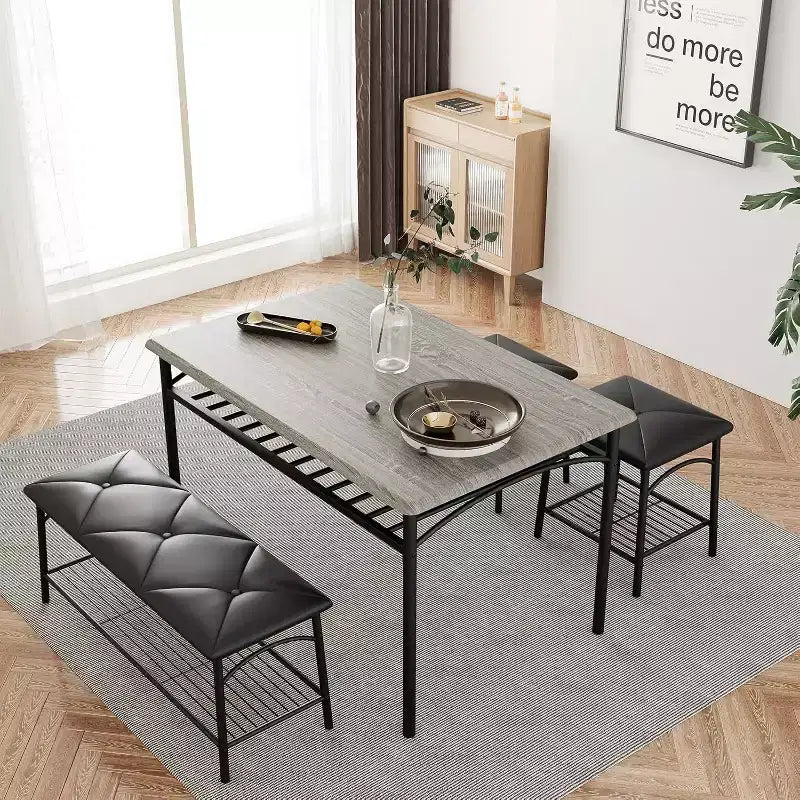 Dining Table Set for 4 with Storage Rack, Kitchen Table w/Upholstered Bench & 2 Chairs, Kitchen Table & Chairs Set for Small Space, Apartment