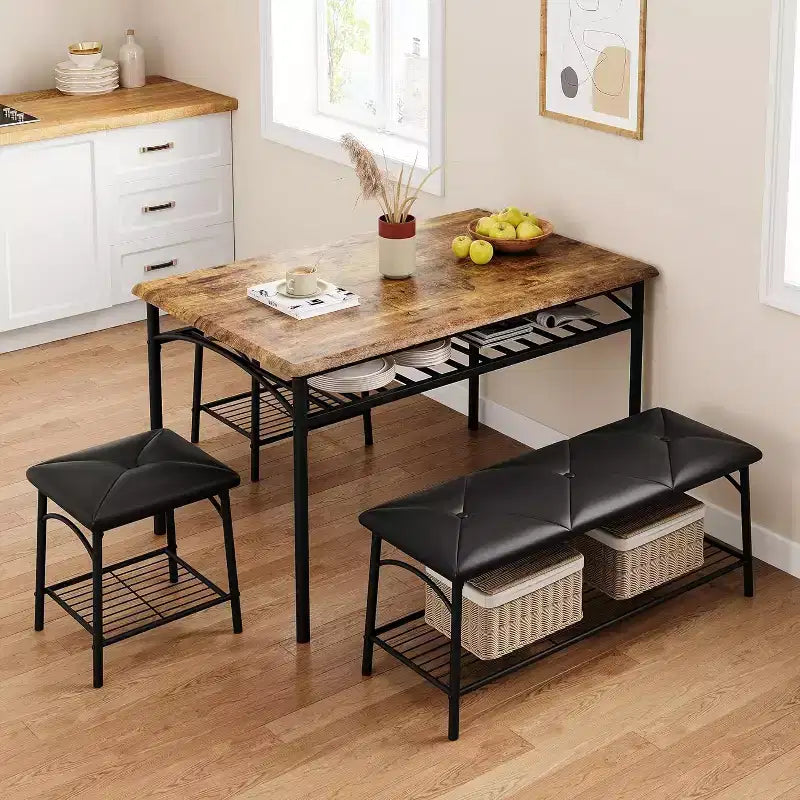 Dining Table Set for 4 with Storage Rack, Kitchen Table w/Upholstered Bench & 2 Chairs, Kitchen Table & Chairs Set for Small Space, Apartment