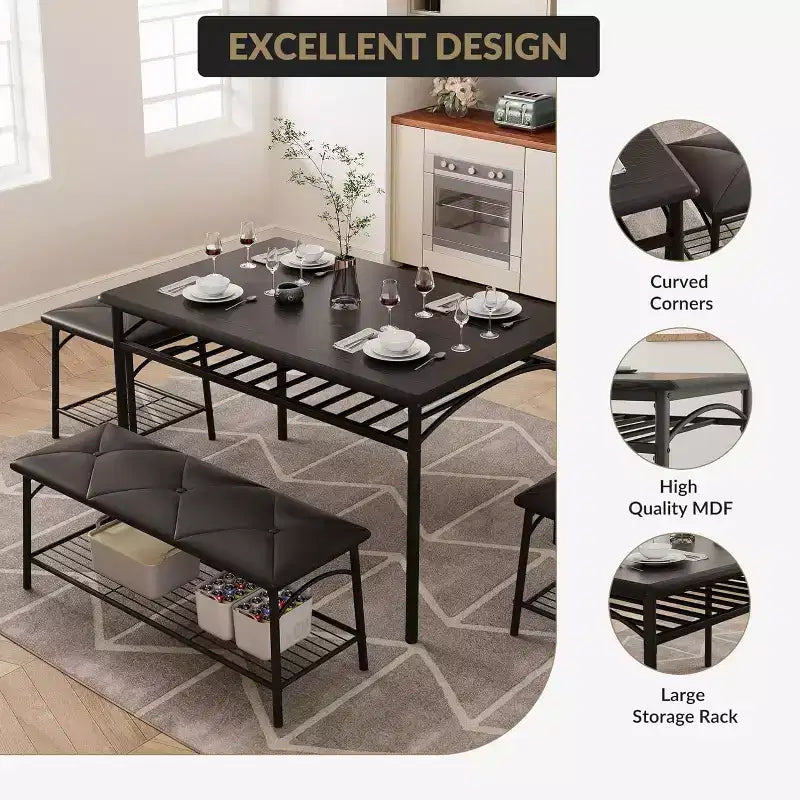 Dining Table Set for 4 with Storage Rack, Kitchen Table w/Upholstered Bench & 2 Chairs, Kitchen Table & Chairs Set for Small Space, Apartment