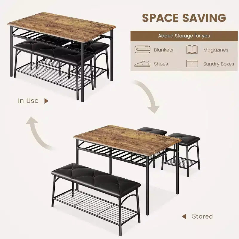 Dining Table Set for 4 with Storage Rack, Kitchen Table w/Upholstered Bench & 2 Chairs, Kitchen Table & Chairs Set for Small Space, Apartment