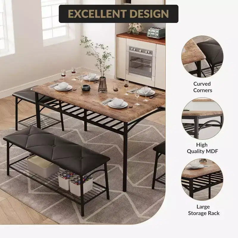 Dining Table Set for 4 with Storage Rack, Kitchen Table w/Upholstered Bench & 2 Chairs, Kitchen Table & Chairs Set for Small Space, Apartment