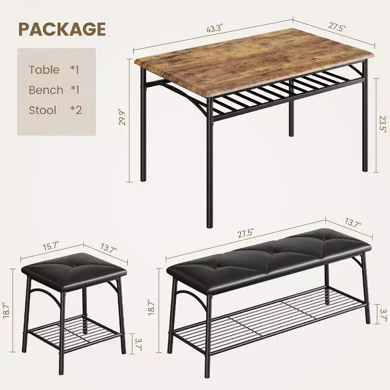 Dining Table Set for 4 with Storage Rack, Kitchen Table w/Upholstered Bench & 2 Chairs, Kitchen Table & Chairs Set for Small Space, Apartment