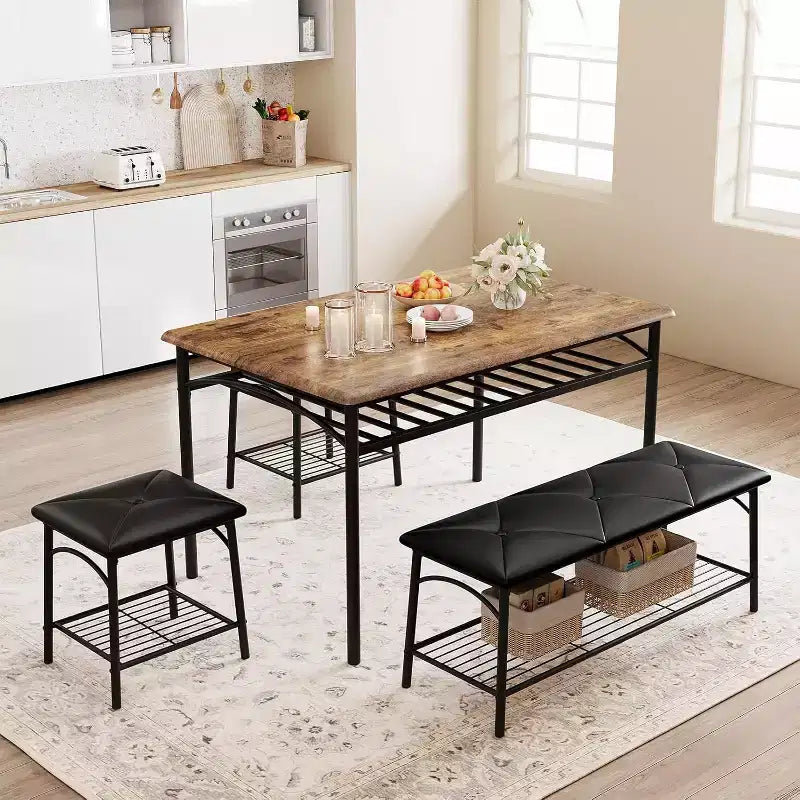 Dining Table Set for 4 with Storage Rack, Kitchen Table w/Upholstered Bench & 2 Chairs, Kitchen Table & Chairs Set for Small Space, Apartment