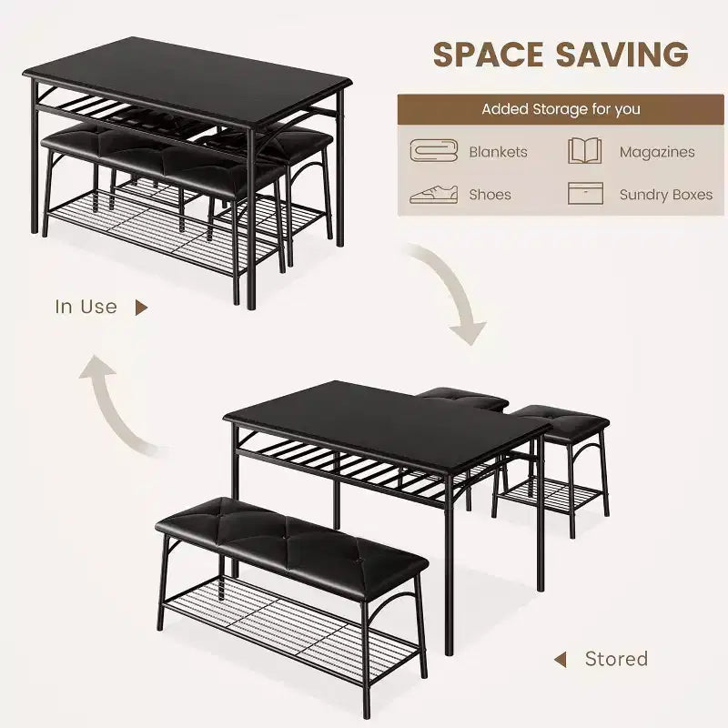 Dining Table Set for 4 with Storage Rack, Kitchen Table w/Upholstered Bench & 2 Chairs, Kitchen Table & Chairs Set for Small Space, Apartment