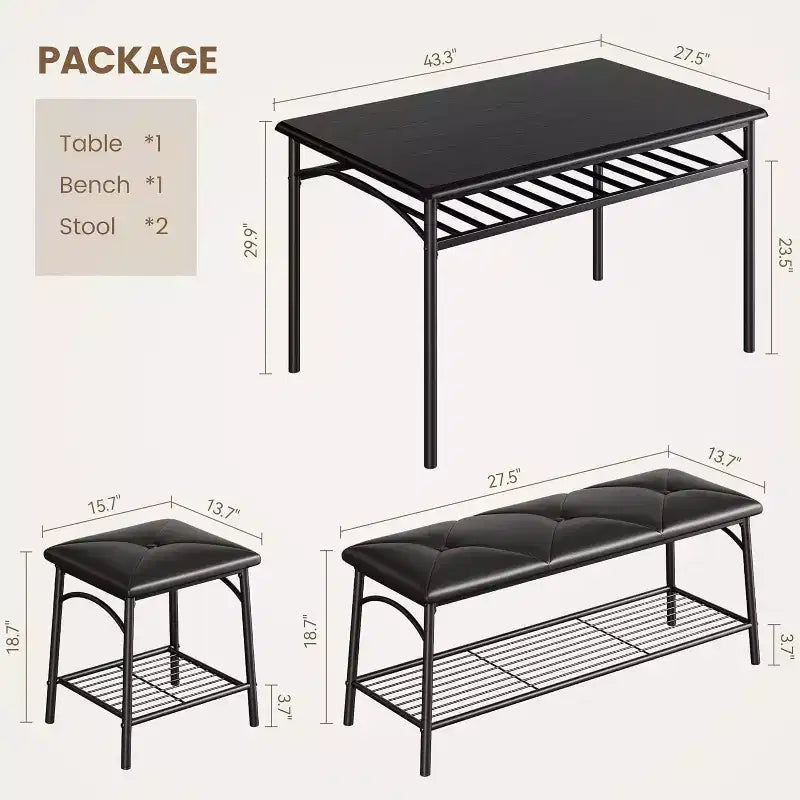 Dining Table Set for 4 with Storage Rack, Kitchen Table w/Upholstered Bench & 2 Chairs, Kitchen Table & Chairs Set for Small Space, Apartment