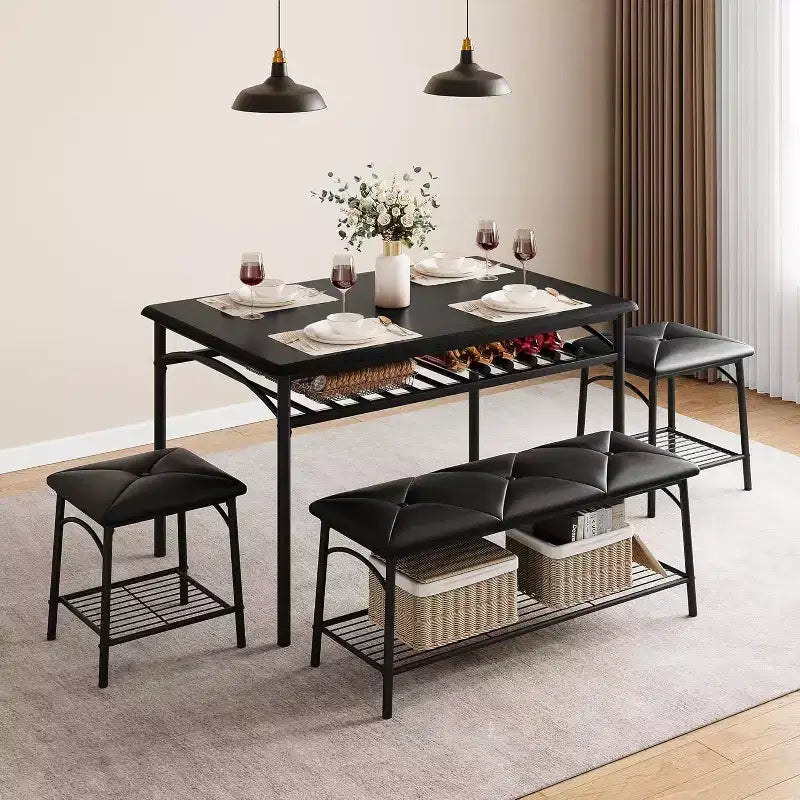Dining Table Set for 4 with Storage Rack, Kitchen Table w/Upholstered Bench & 2 Chairs, Kitchen Table & Chairs Set for Small Space, Apartment
