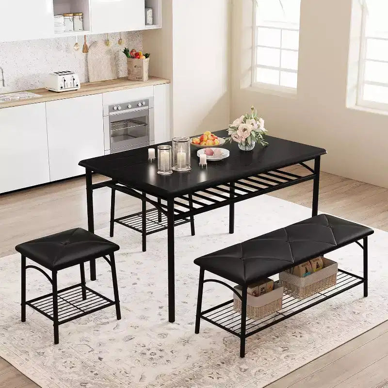 Dining Table Set for 4 with Storage Rack, Kitchen Table w/Upholstered Bench & 2 Chairs, Kitchen Table & Chairs Set for Small Space, Apartment